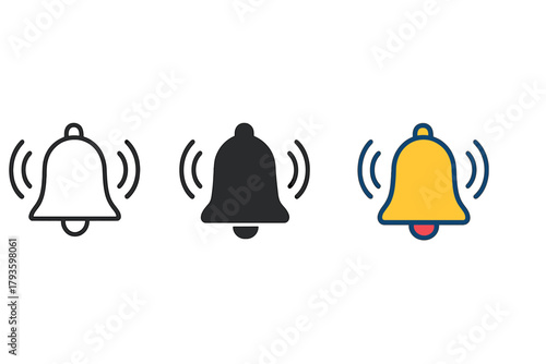 Bell Sound Styles. Minimalist bell sound icon: three identical bells with small sound waves around in a row, first in line style
