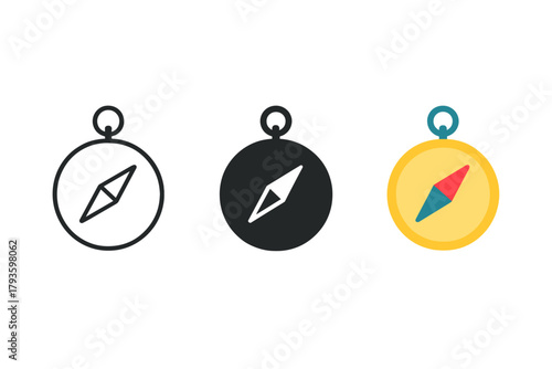 Minimalist Compass Trio. Minimalist compass navigation icon: three identical circular compasses with arrow needles in a row, first