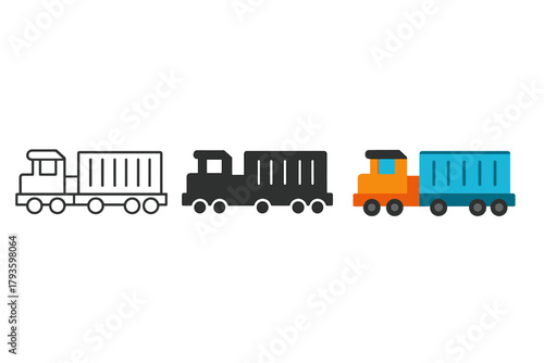 Minimalist Train Icons. Minimalist cargo train icon: three identical freight trains with wagons in side view in a row, first in