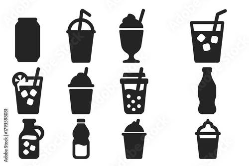 Cold Beverage Icons. Solid style icons of Cold beverages: soda can, plastic cup with straw, milkshake glass, iced coffee, iced tea