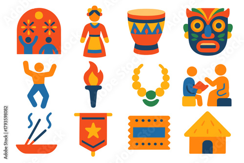 Cultural Tradition Icons. Flat vector icons of cultural traditions: festival, traditional costume, drum, ceremonial mask, dance
