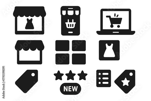 Online Store Icons. Solid style icons of Online storefronts: store window, mobile store app, laptop checkout, storefront awning,