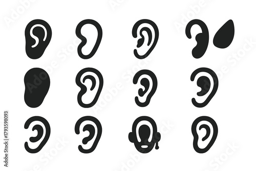 Solid Ear Icons. Solid style icons of Ears: human ear, side ear, simple ear, detailed ear, ear silhouette, big ear, small ear,