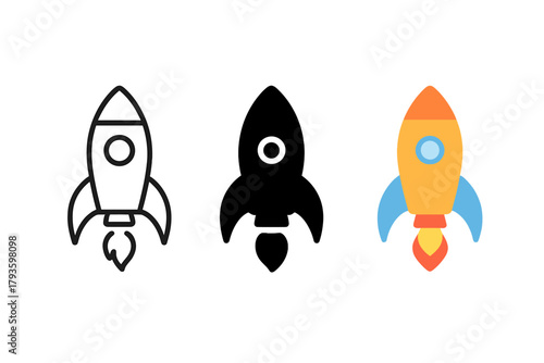 Minimalist Rocket Styles. Minimalist rocket icon: three identical rockets with flame at the bottom in a row, first in line style