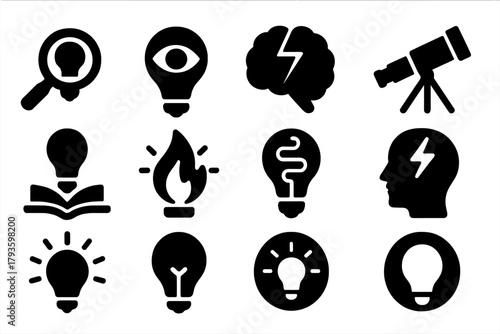 Insight Icons Collection. Solid style icons of Insight: magnifier with bulb, bulb with eye, brain spark, telescope idea, knowledge