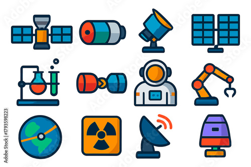 Orbital Research Icons. Flat vector icons of orbital research: satellite, space lab, telescope, solar panel array, microgravity