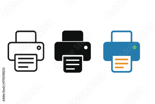 Modern Printer Icons. Minimalist printer office icon: three identical printers with paper sheet coming out in a row, first in line