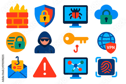 Cybersecurity Icon Set. Flat vector icons of cybersecurity: firewall, shield lock, antivirus software, secure cloud, data