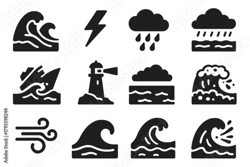 Stormy Sea Icons. Solid style icons of Stormy Seas: crashing waves, lightning bolt, storm cloud, rain spray, ship in storm, dark