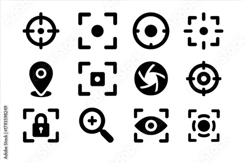 Focus Icons Collection. Solid style icons of focus and targeting: crosshair icon, camera focus frame, focal point icon, center