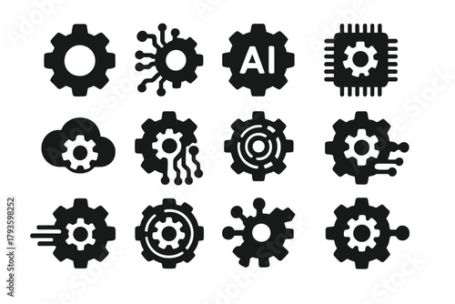 Futuristic Tech Gears. Solid style icons of Technology gears: digital cog, gear with circuit, AI gear, microchip with cog, cloud