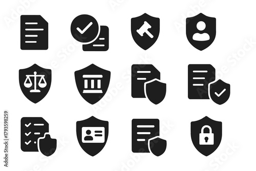 Legal Policy Icons. Solid style icons of legal and policy safety: shield with document, compliance icon, legal protection shield,