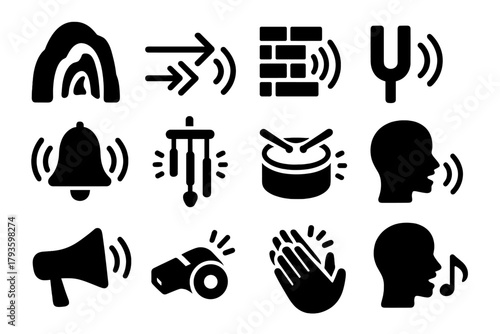 Acoustic Elements Icons. Solid style icons of Acoustic elements: echo cave, sound reflection, soundproof wall, tuning fork, bell