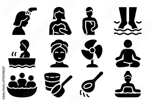 Bathing Ritual Icons. Solid style icons of Bathing Rituals: water pouring, body cleansing, towel wrap, dipping feet, hot soak,
