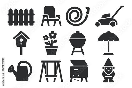 Garden Icons Collection. Solid style icons of garden and outdoor space: backyard fence, patio chair, garden hose, lawn mower,