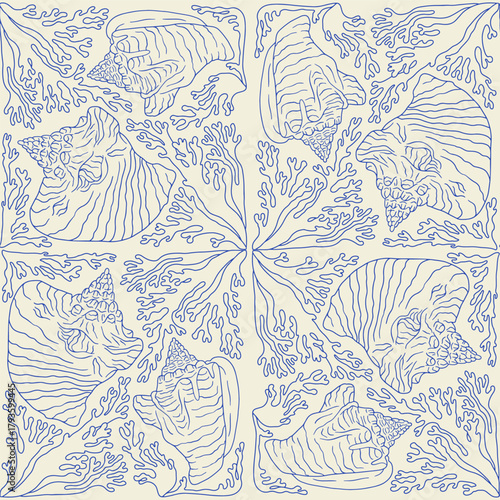 Blue and beige line art conch shell and corals coastal seamless pattern