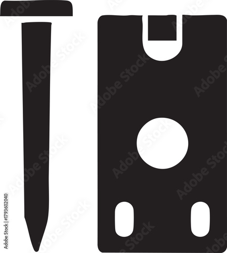 Black silhouette of a nail and a picture hanging bracket on a transparent background