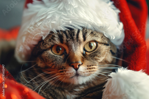Close-up portrait of striped cat in fluffy Santa red hat resting among warm glowing lights and cozy Christmas decorations.