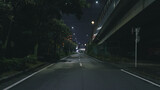 Empty and Quiet Asphalt Road Under the Highway at Night - Urban Solitude and Mystery / 夜の高速道路下の空っぽで静かなアスファルト道路