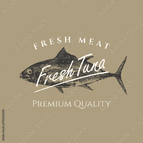 Vector banner with realistic tuna on theme of seafood, marine animals and ocean life. Logo, menu, label for restaurant, cafe. Sign board for fish market, store. Canned food. T-shirt. 