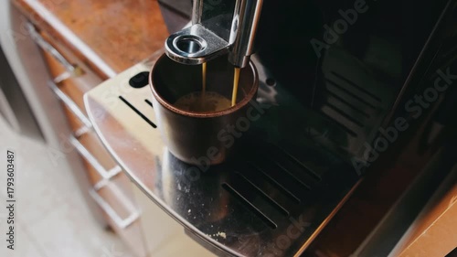 close-up espresso machine pouring crema into cup, warm kitchen counter, home barista brewing morning shot, rich brown tones, metallic surfaces, steam