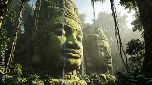 Ancient ruins of temple statues in cambodia cinematic travel footage unveiling mysterious jungle setting with moss and nature
