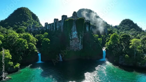 Cinematic aerial footage capturing the enchanting tropical castle island with cascading waterfalls and lush greenery on a sunny day