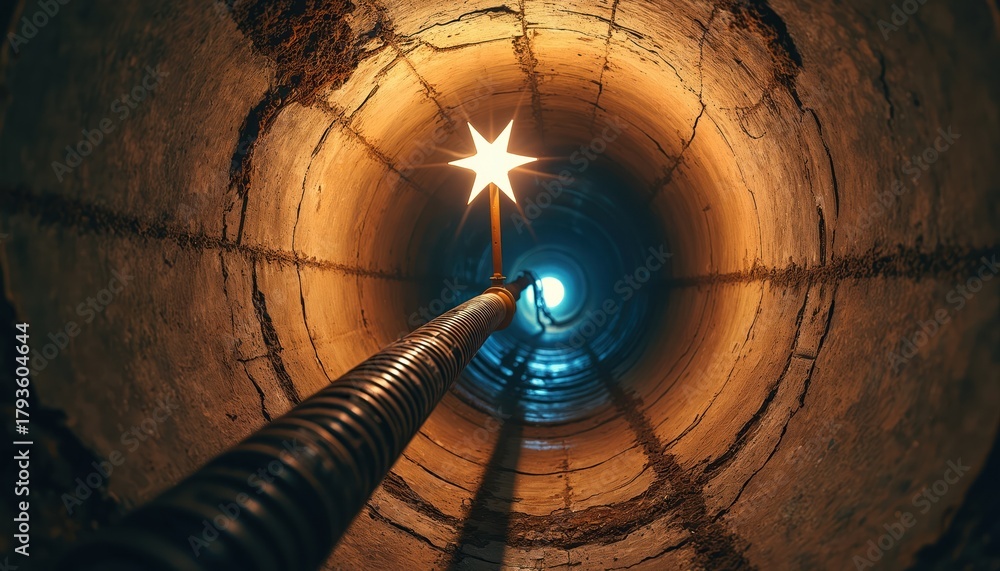 Fototapeta premium Sewer pipe inspection view tunnel cracks. Camera on flexible rod checks for problems. Infrastructure diagnostic photo shows leakage. Renovation repair workers use digital tech to evaluate damage.