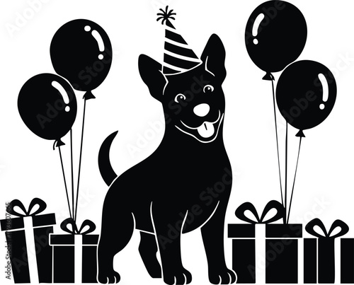 Black dog with party hat celebrating birthday with balloons and gift boxes vector illustration 