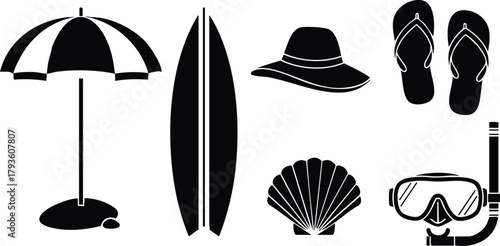 Beach summer vacation accessories with umbrella surfboard hat seashell snorkel and flip flops vector illustration 