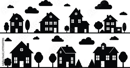 Silhouette of suburban houses with trees and clouds in black vector illustration landscape orientation 