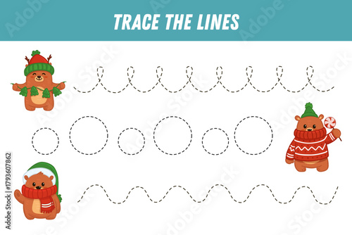 Tracing lines for kids. Cute cartoon bears. Handwriting practice. Educational game for preschool kids. Activity page. Vector illustration.
