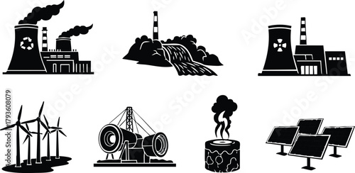 Energy sources icons set including nuclear power, hydroelectric dam, wind turbines, gas flare, and solar panels vector illustration 