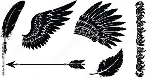 Native American feather headdress arrow and wing silhouette vector illustration in black and white design elements 