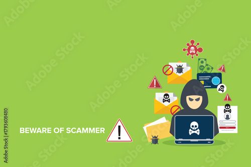 Hacker, scammer in front of his computer committing digital cybercrime.