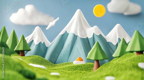 Handcrafted Papier Mache Mountain Landscape: 3D Illustration of Green Hills, Colorful Peaks, and Whimsical Nature Scene 