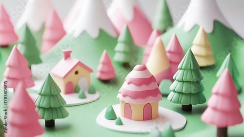 Whimsical Village in Miniature Landscape with Pastel Colors and Toy Houses: A Creative Paper Art Winter Scene