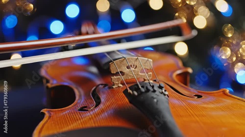 Wooden Violin and Bow Against Festive Bokeh Lights