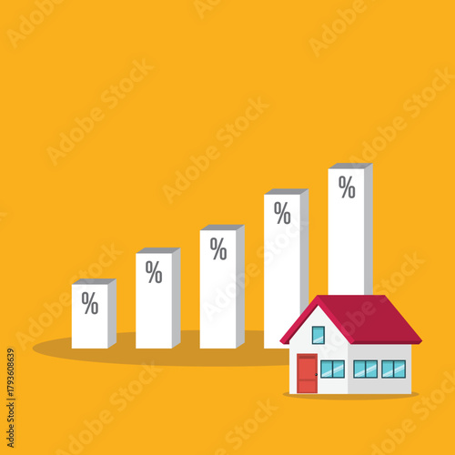 Increasing interest rates. Percentage symbols on increasing high charts bars of next to a house.