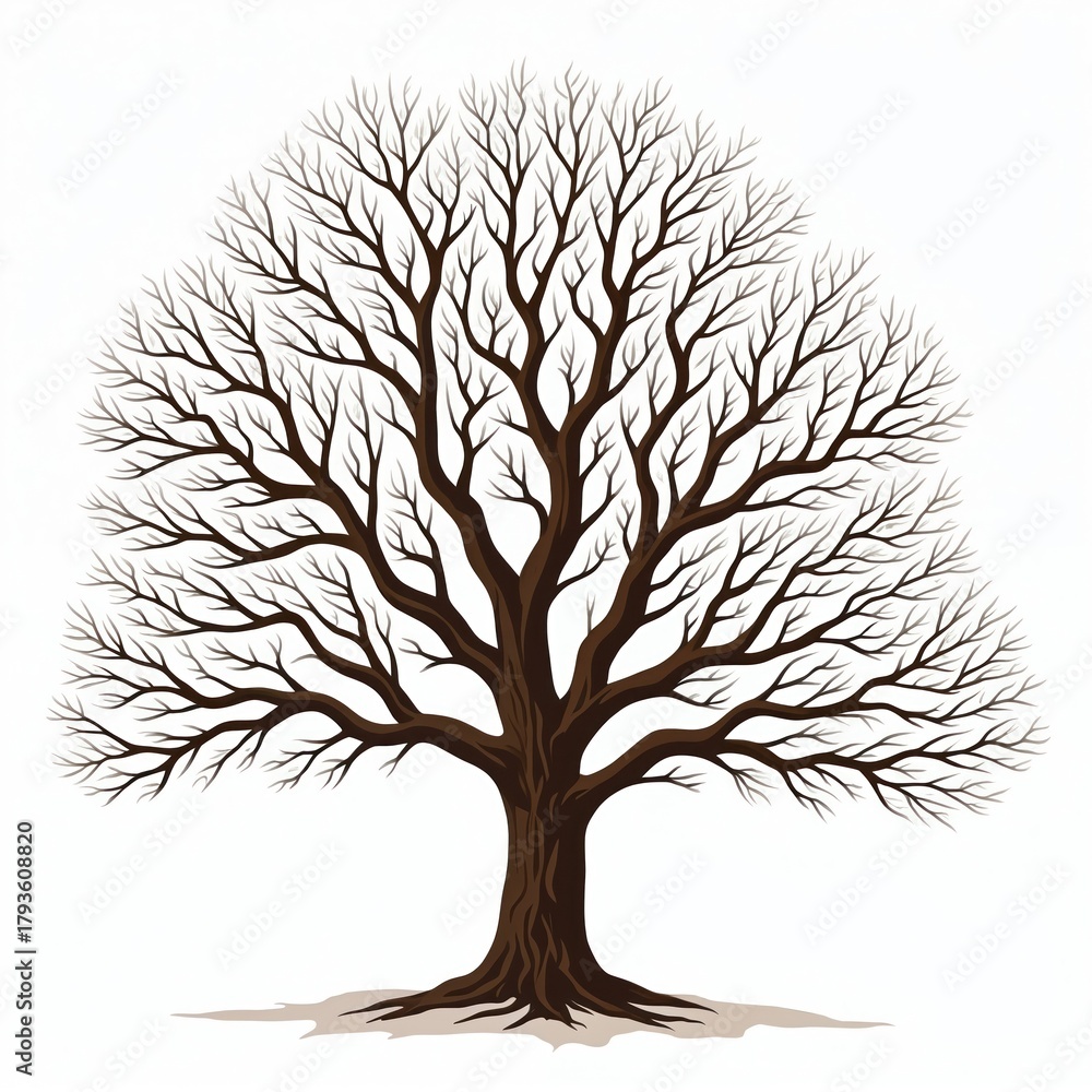 Fototapeta premium Bare tree illustration stands on white. Graphics show stylized leafless wood. Design natural scene. Conceptual bare tree image shows nature, ecology, environment. Season winter, fall represented with