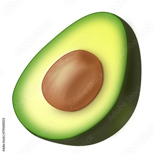 Avocado – a symbol of health and natural freshness
Half a ripe avocado with a large brown pit in the center. The vibrant green-yellow flesh and deep dark green skin highlight the naturalness
