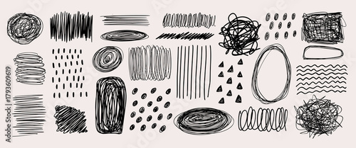 Set of graffiti girly style collage elements. Hand drawn charcoal doodle collection. Pencil drawn shapes of scribbles, squiggles, chaotic figures, lines on beige backdrop.