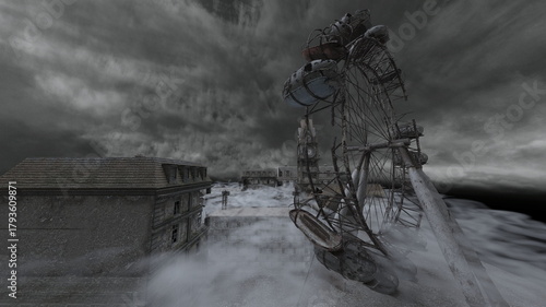 曇り空の都市風景　3DCGレンダリング