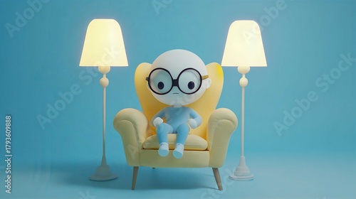 Whimsical Cartoon Character in Modern Cozy Home: Vibrant Smart Glasses & Spacious Chair with Decorative Lamps