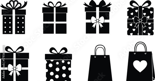 Gift boxes and shopping bags with bows and heart designs in black silhouette style vector illustration 