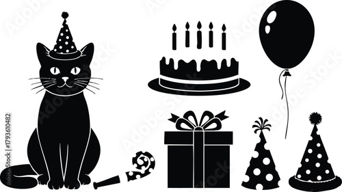 Black cat with party hat and birthday celebration icons including cake, balloon, gift, and party hats for festive occasions vector illustration 