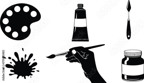 Artist tools with paint palette brush tube and ink bottle vector illustration in black and white 
