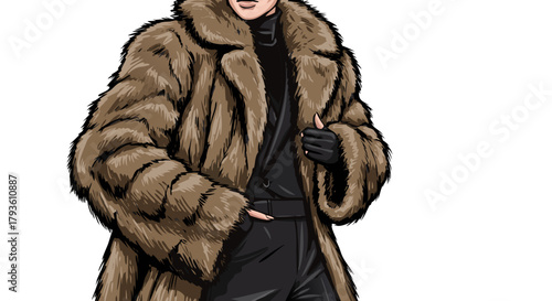 Woman wearing brown fur coat and black outfit posing confidently  