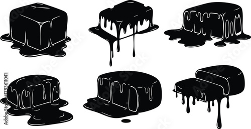 Melting chocolate cubes and bars vector illustration with dripping liquid design elements 