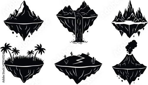 Floating island silhouettes with volcanic and tropical landscapes in black and white vector illustration 